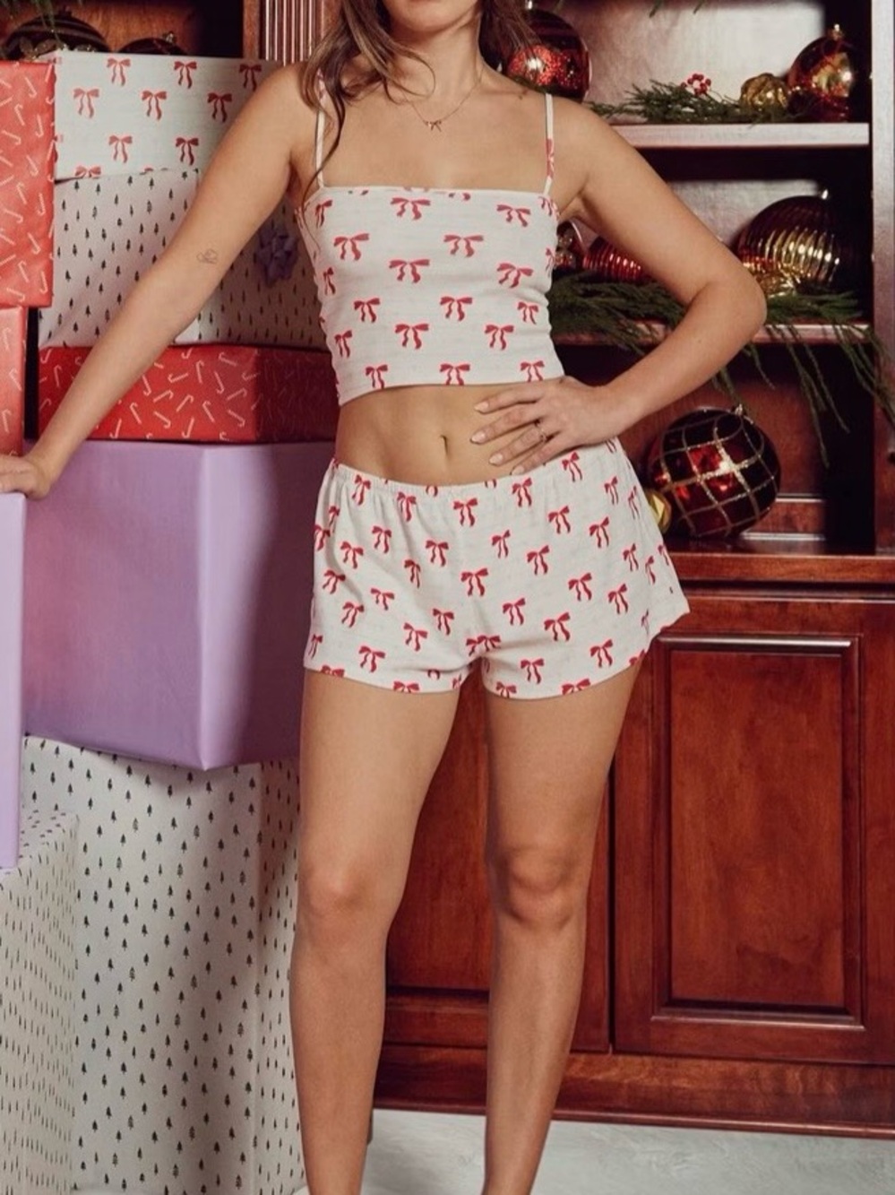 Florence by Mills Women’s Cream & Red Bow-Print Pajama Set